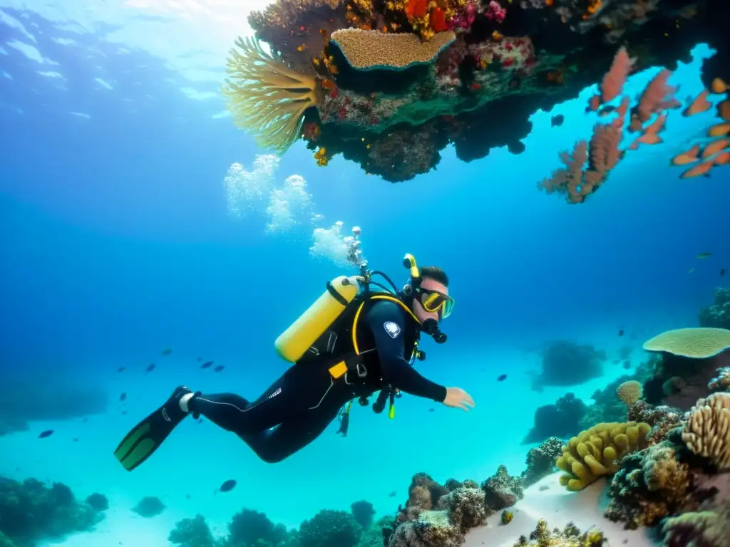 Un buceador profesional con un impresionante kit de buceo técnico explora un vibrante paisaje submarino lleno de vida marina y formaciones de coral