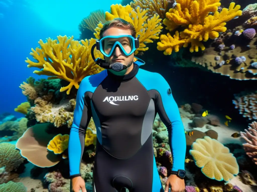 Un buceador profesional, con el nuevo traje de neopreno AquaLung 2023, explora un arrecife de coral vibrante junto a la vida marina