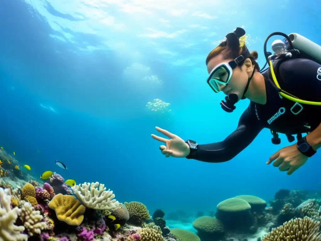 Un buceador profesional lleva puesto el ordenador de buceo de muñeca Oceanic Geo 4