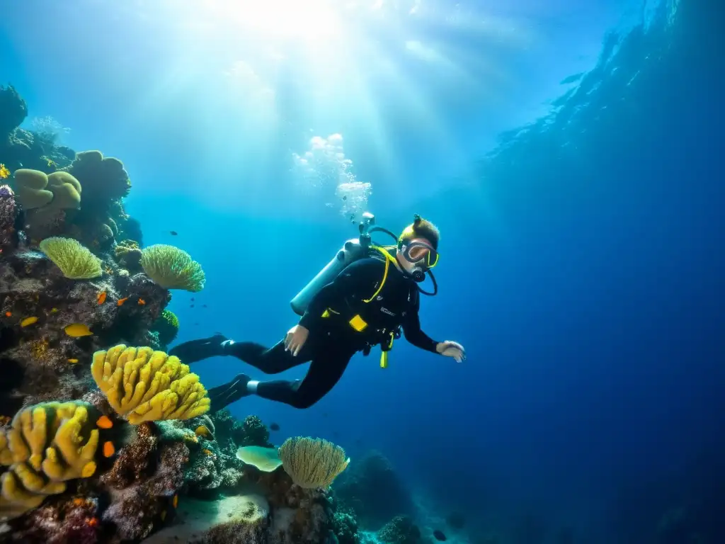 Un buceador desciende al profundo océano rodeado de coloridos arrecifes de coral y vida marina