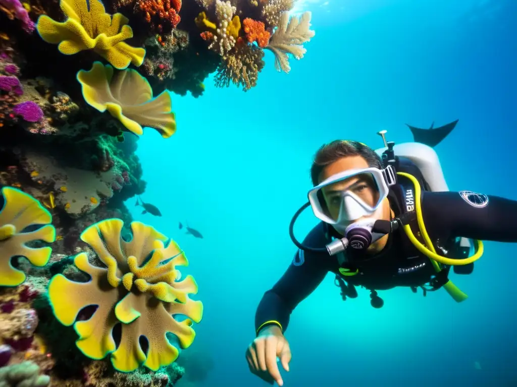 Un buceador ajusta su protección auditiva para buceo profundo mientras explora un arrecife de coral vibrante