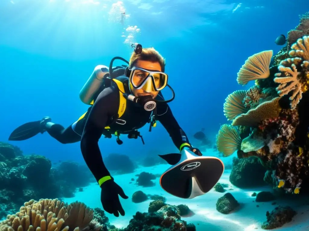 Un buceador realiza pruebas de durabilidad en su equipamiento, rodeado de vibrante vida marina y coral