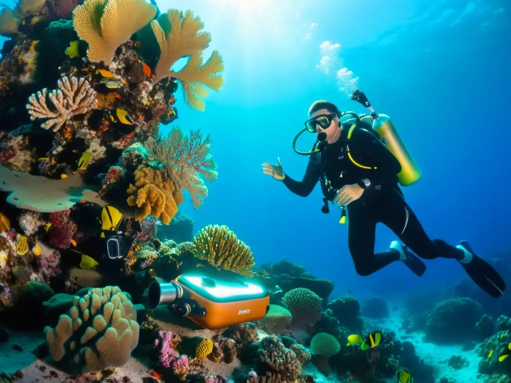 Un buceador haciendo pruebas de durabilidad en su equipo de buceo en un vibrante arrecife de coral, rodeado de vida marina colorida