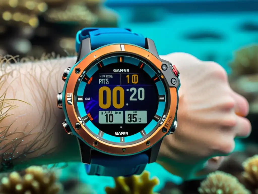 Un buceador lleva puesto el reloj de buceo Garmin Descent MK2 en un vibrante arrecife de coral