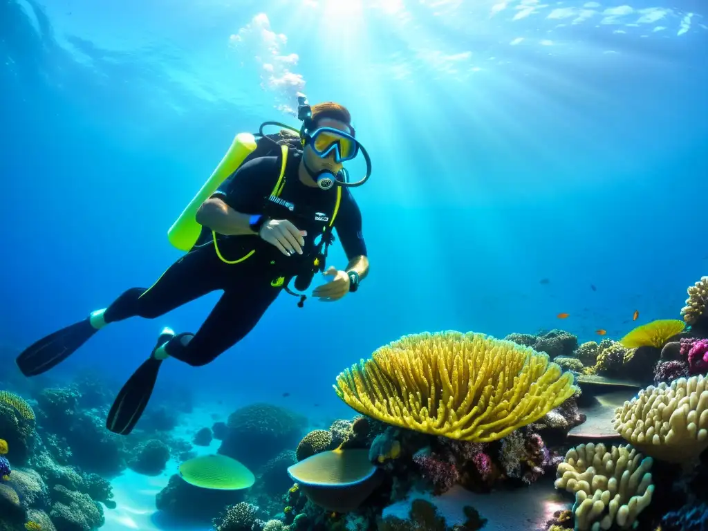 Un buceador lleva puesto el último chaleco hidrostático de alta tecnología mientras explora un vibrante arrecife de coral bajo el agua cristalina