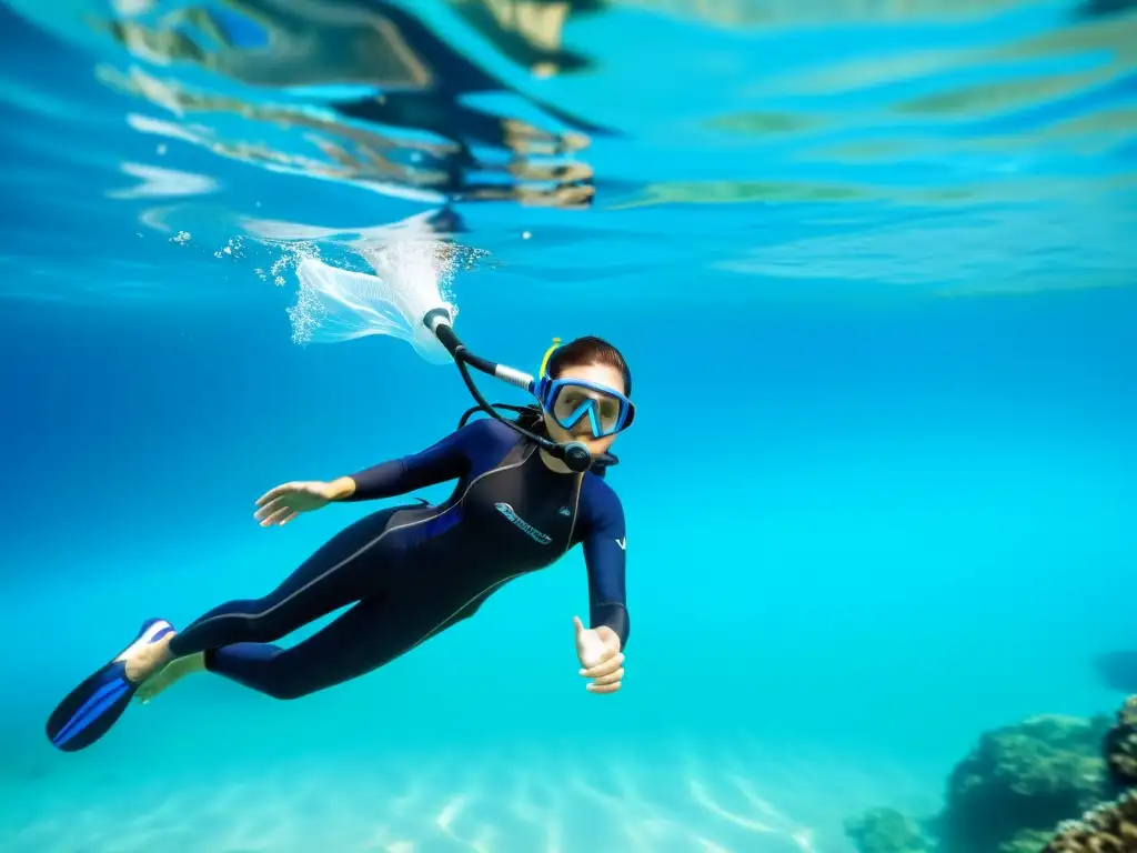 Un buceador disfruta de una respiración submarina mejorada con un innovador snorkel en aguas cristalinas