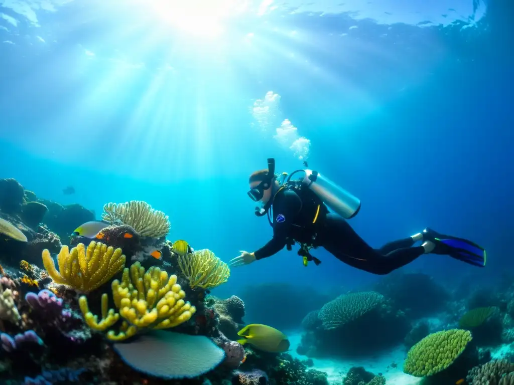 Un buceador rodeado de arrecifes de coral vibrantes, con el sol filtrando rayos de luz a través del agua cristalina