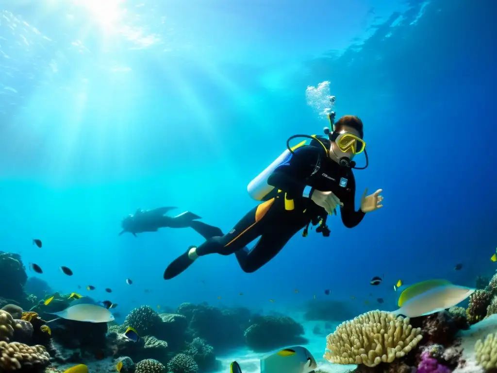 Un buceador rodeado de la belleza del océano, con un Ordenador de buceo de muñeca Oceanic Geo 4