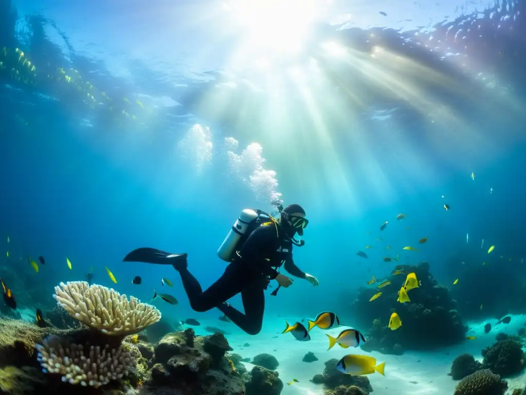 Un buceador rodeado de peces tropicales en el fondo del océano, iluminado por la luz solar