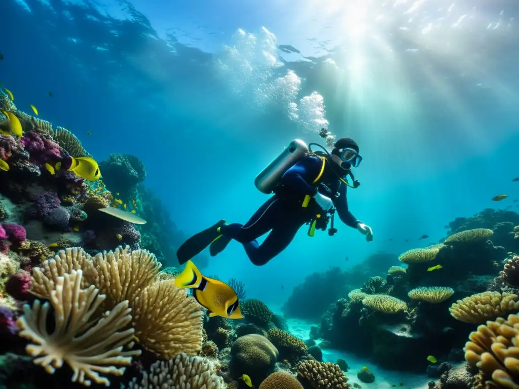 Un buceador rodeado de vibrantes arrecifes de coral, muestra el manejo del estrés oxidativo en buceadores en un entorno submarino fascinante