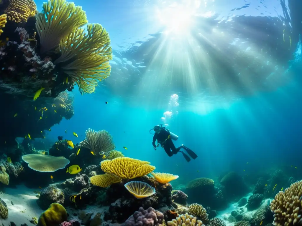 Buceador rodeado de vida marina con baterías de larga duración para buceo