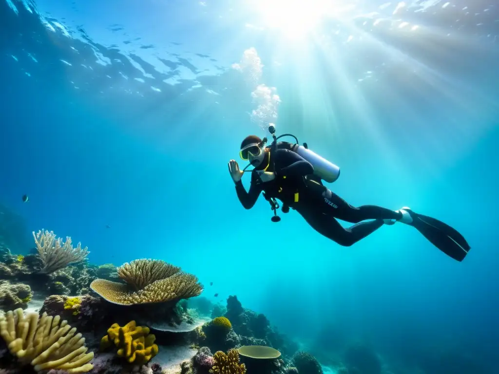 Un buceador disfruta de la serena belleza del océano, rodeado de vida marina y coloridos arrecifes de coral