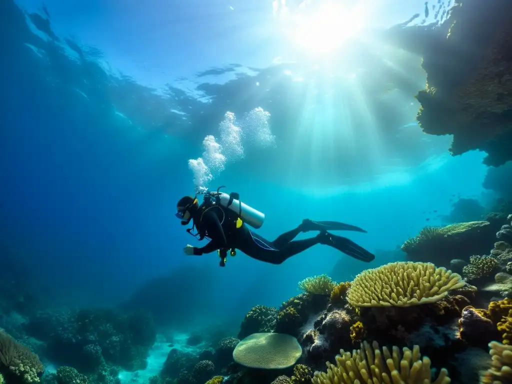 Un buceador en configuración sidemount se desliza elegantemente a través de aguas cristalinas, rodeado de vibrante coral y una variedad de vida marina