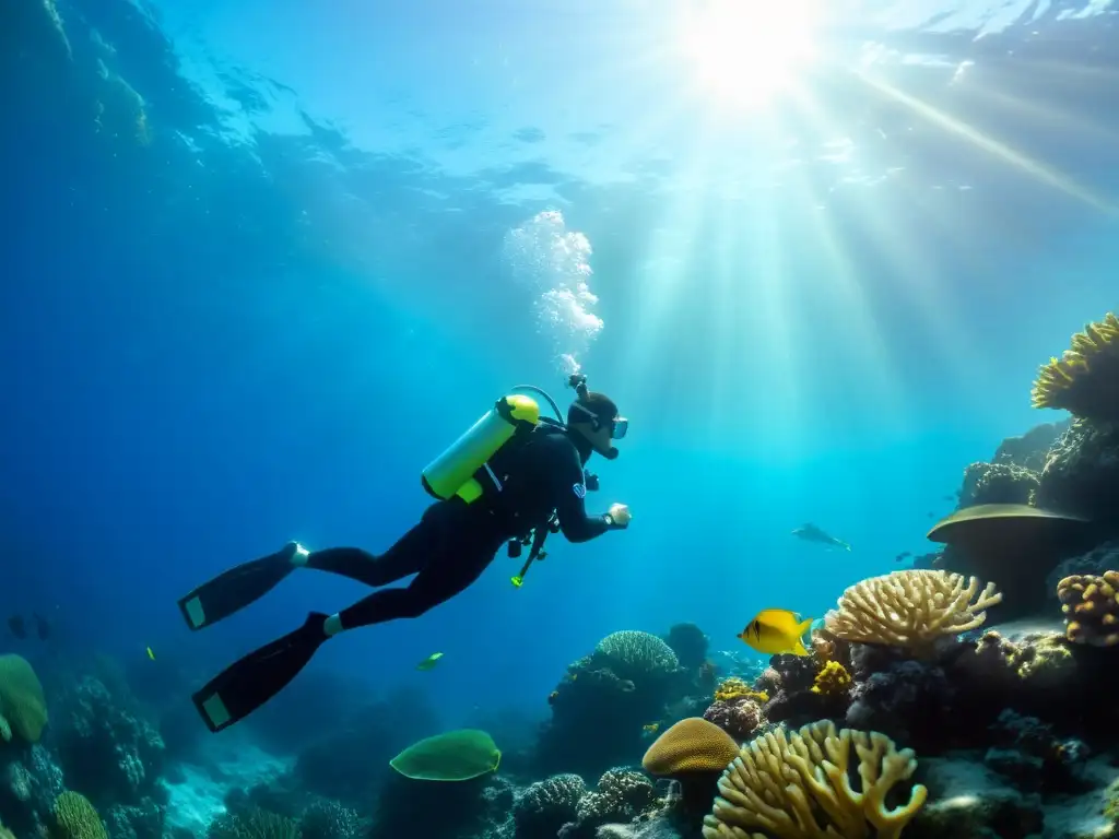 Un buceador disfruta del sistema de buceo sin tanque AirBuddy rodeado de corales y vida marina, bajo la luz del sol