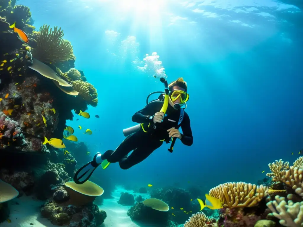 Un buceador con un snorkel innovador mejora su respiración submarina mientras explora un vibrante arrecife de coral