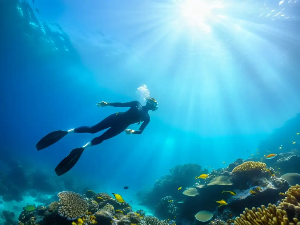 Un buceador sin tanque oxígeno se desliza graciosamente entre aguas cristalinas rodeado de vida marina colorida y arrecifes de coral, creando una atmósfera etérea y cautivadora en esta impresionante fotografía submarina