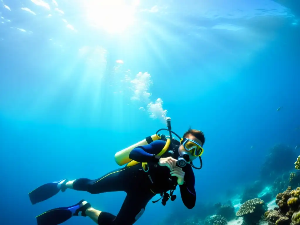 Un buceador practica técnicas para economizar aire buceo en un entorno submarino sereno, rodeado de arrecifes de coral y peces coloridos