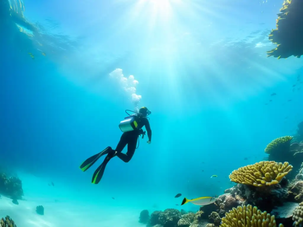 Un buceador dominando técnicas avanzadas de buceo perfecto en un entorno submarino de ensueño con arrecifes de coral y peces tropicales