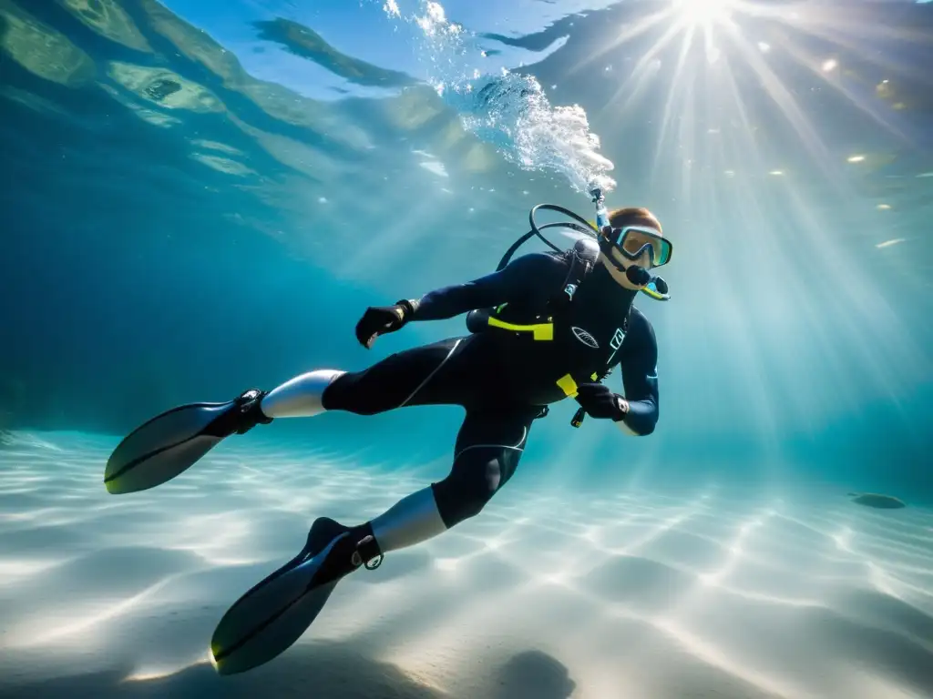 Un buceador técnico profesional surcando el agua con fuerza y precisión mientras los peces coloridos dan vida a la escena submarina