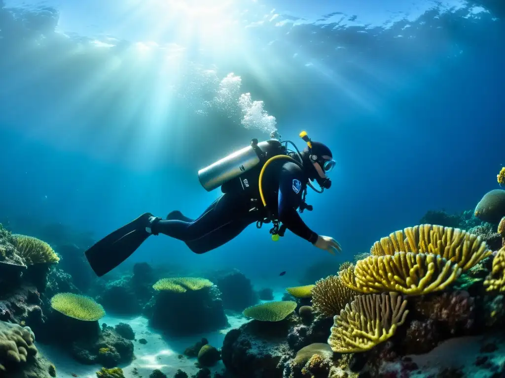 Un buceador técnico profesional desciende entre arrecifes de coral, mostrando su kit de buceo técnico profesional en un entorno marino vibrante