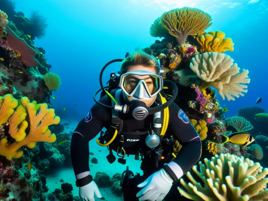 Un buceador técnico explora un vibrante arrecife de coral, mostrando el equipo especializado