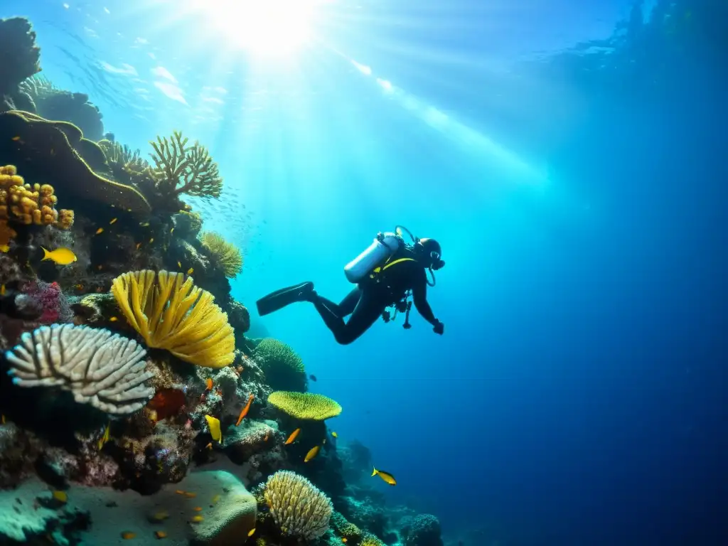 Un buceador técnico explora un vibrante paisaje submarino rodeado de corales y peces