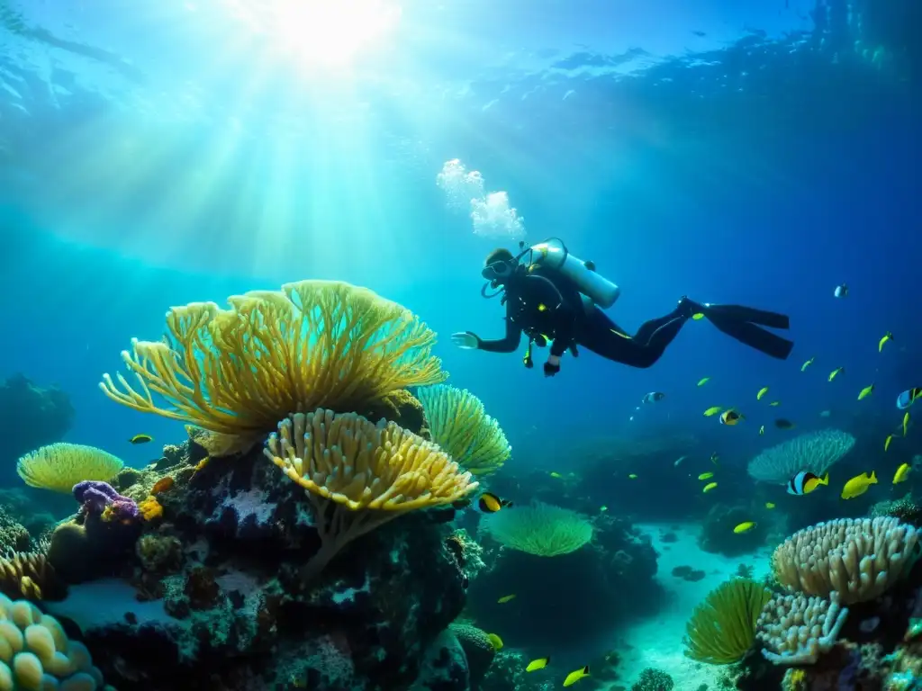 Un buceador técnico explora la vida marina en un vibrante arrecife de coral, rodeado de peces coloridos y una diversa vida marina