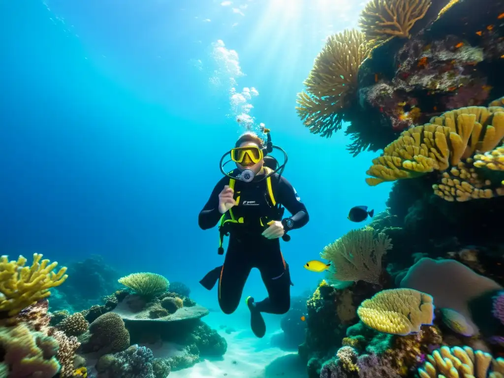 Un buceador con traje de buceo anti UV explora arrecifes de coral bajo el agua