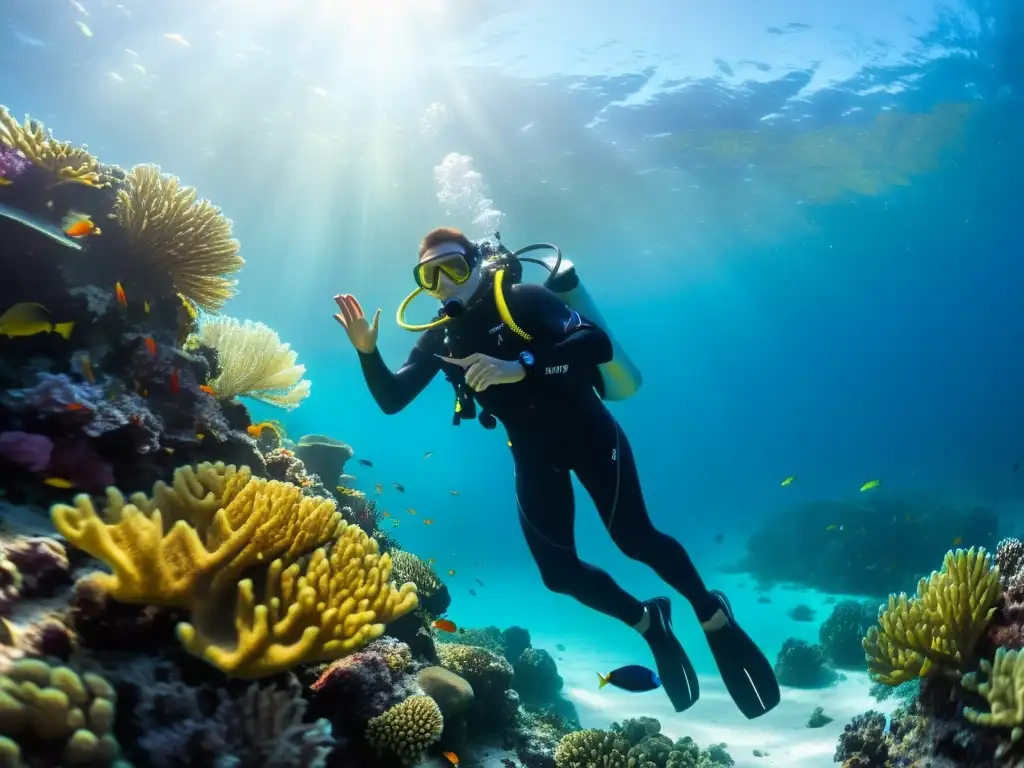 Un buceador en un traje de neopreno negro se desliza elegantemente en aguas cristalinas, rodeado de un arrecife de coral vibrante y lleno de vida