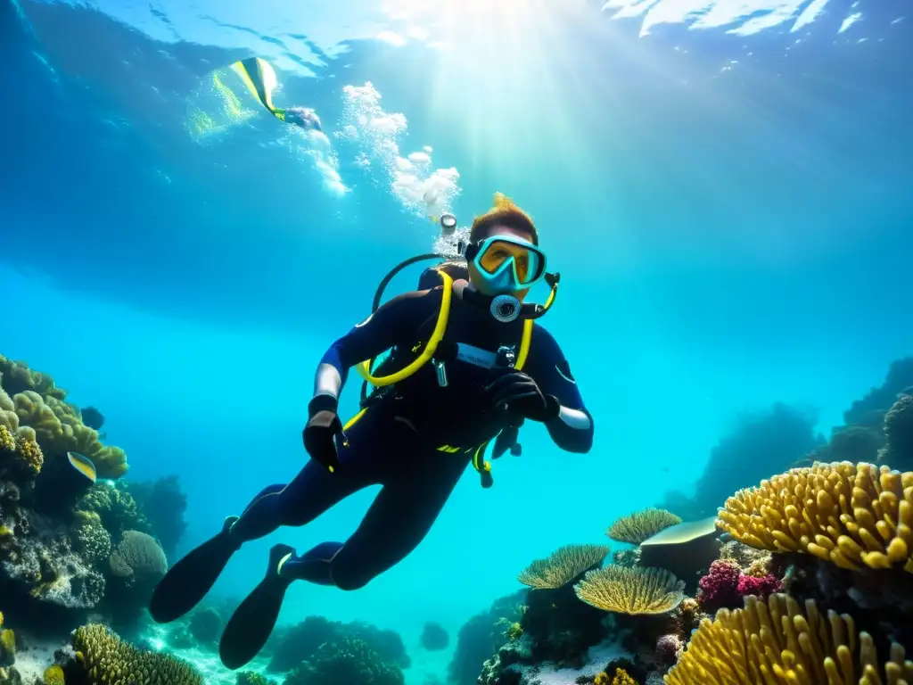 Un buceador con traje anti-UV rodeado de arrecifes de coral vibrantes, protección esencial para buceo