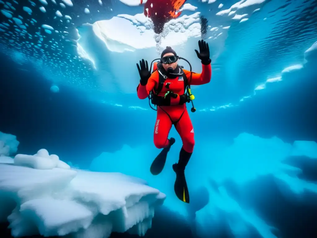 Un buceador en traje seco rojo nada grácil bajo el hielo, creando un paisaje submarino etéreo