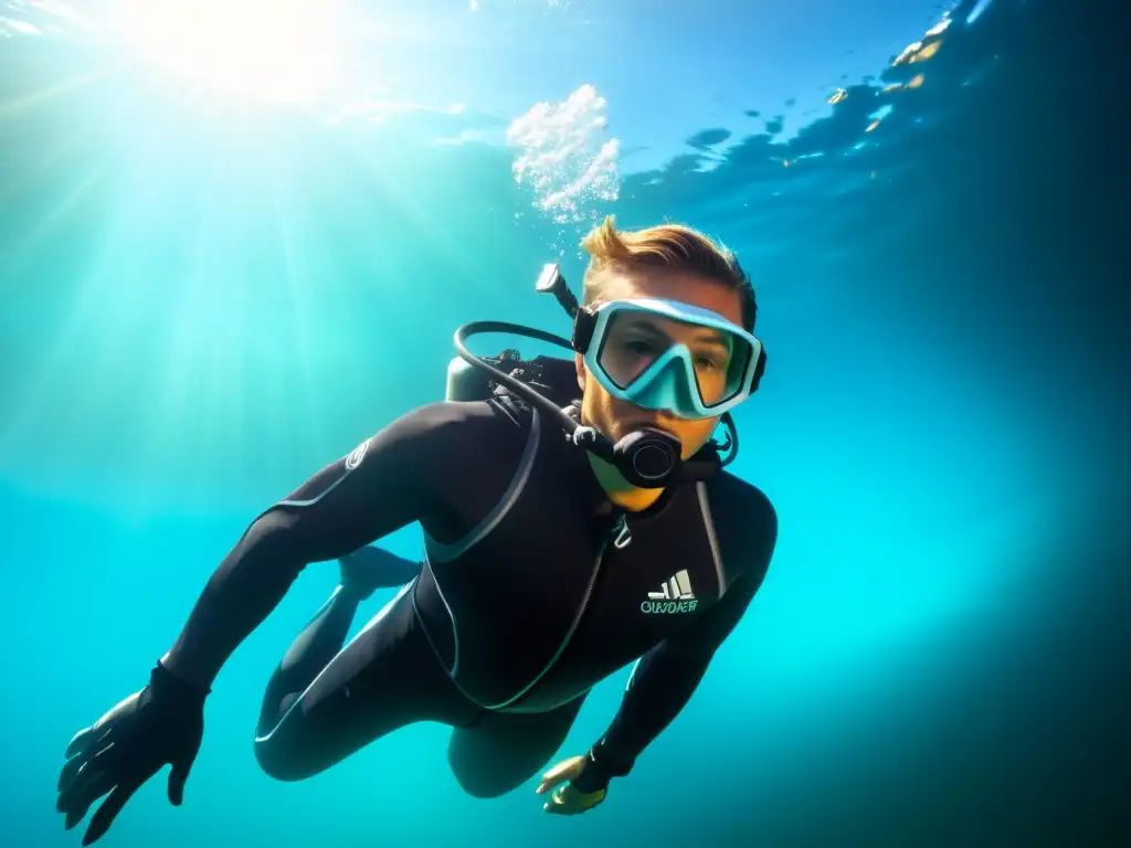 Un buceador con traje térmico eficiente se sumerge en aguas turquesas, transmitiendo determinación y preparación para el buceo en frío