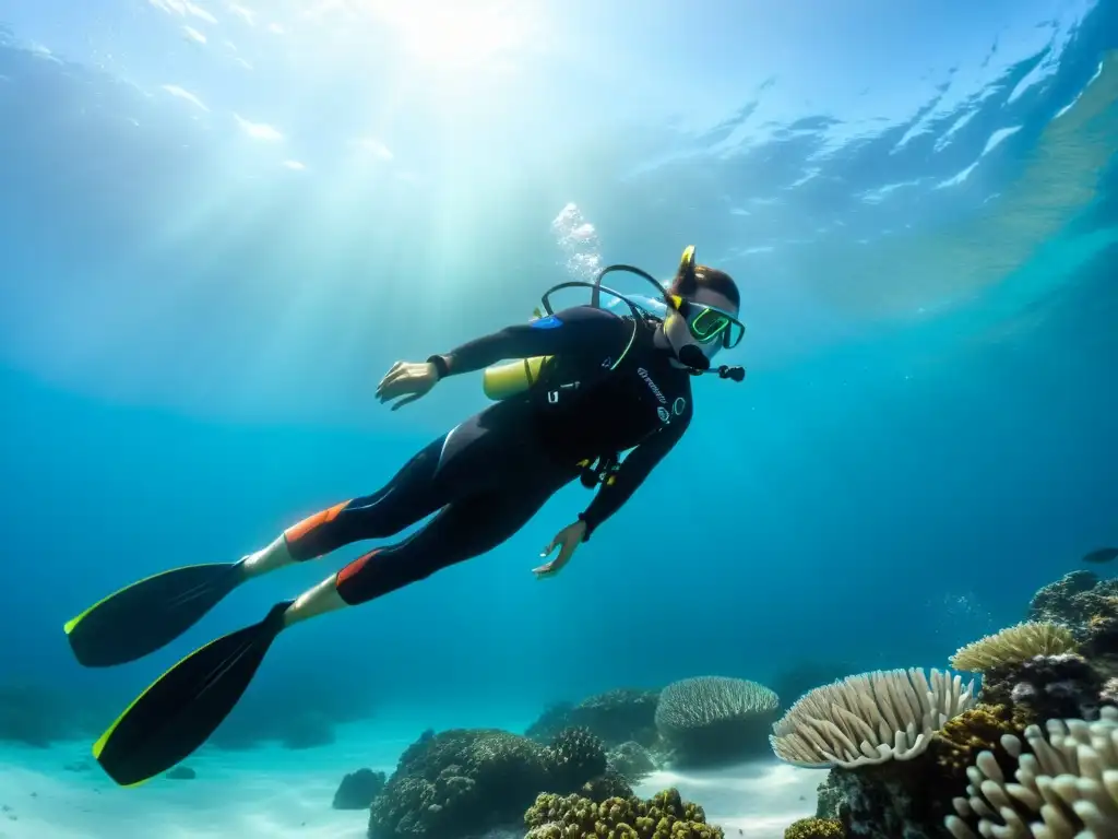 Un buceador se desliza elegantemente a través de aguas cristalinas con aletas de buceo SplitFin, destacando su innovador diseño