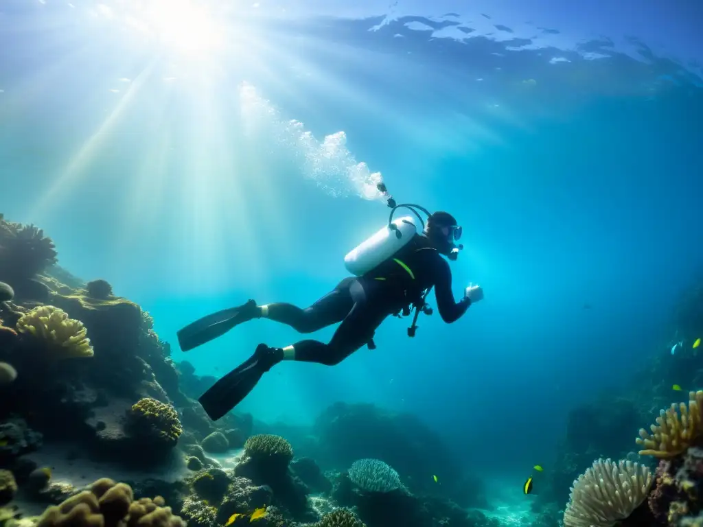 Un buceador con tubos respiradores para esnórquel avanzados explora un mundo submarino vibrante entre peces coloridos y la luz del sol filtrada