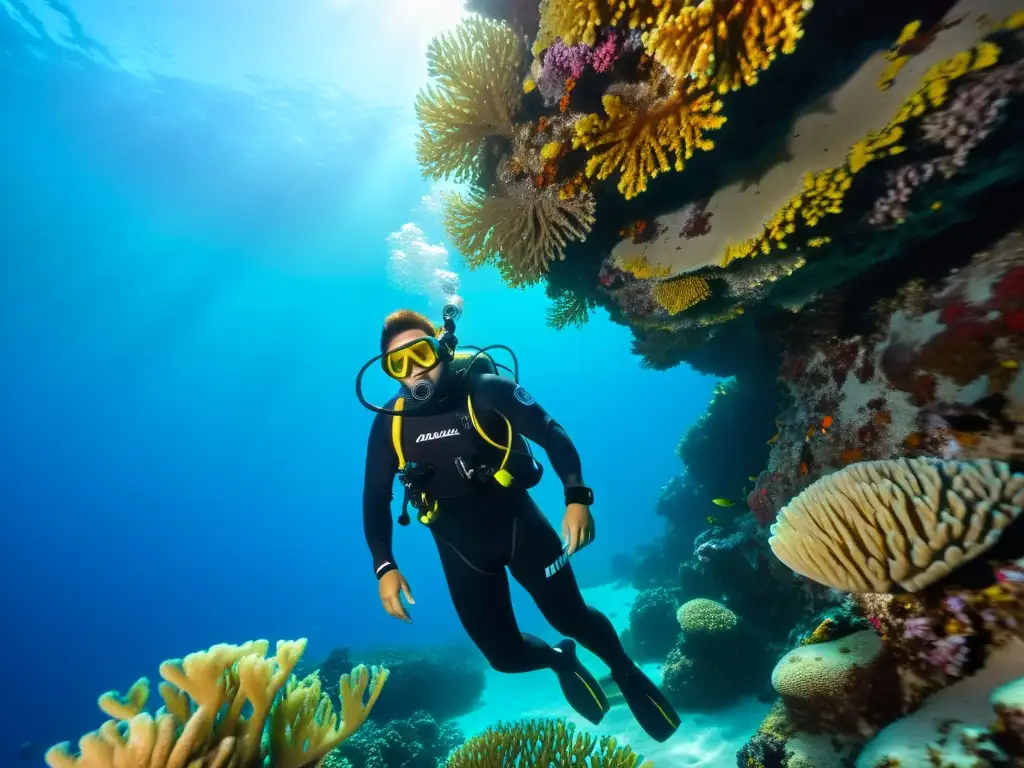 Un buceador con el último neopreno de buceo AquaLung 2023 explora un vibrante arrecife de coral, bajo el agua cristalina