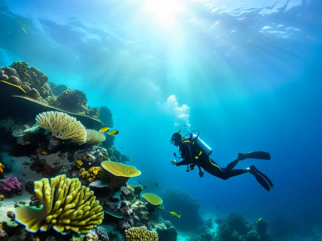 Un buceador explora un vibrante arrecife de coral, mostrando determinación y adaptabilidad en su entrenamiento cruzado