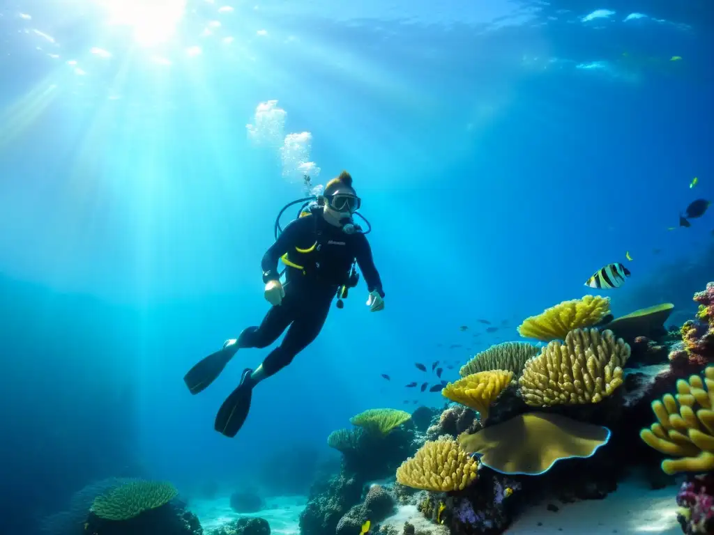 Un buceador explora un vibrante arrecife de coral bajo el agua, con rayos de luz que iluminan el océano