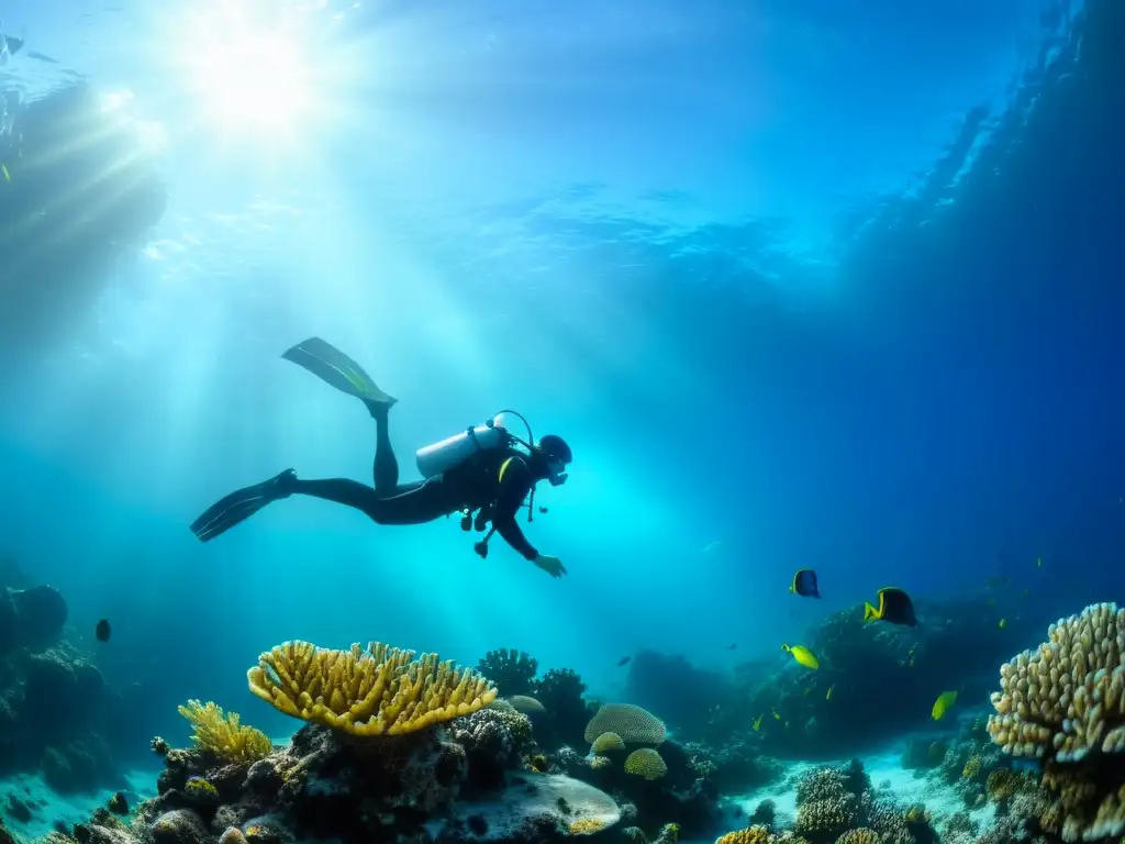 Un buceador explora un vibrante arrecife de coral bajo el agua