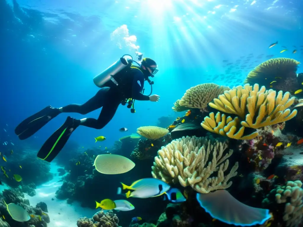 Un buceador explora un vibrante arrecife de coral, rodeado de peces coloridos bajo la luz del sol