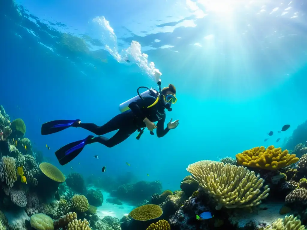 Un buceador explora un vibrante arrecife de coral rodeado de peces coloridos, usando un innovador snorkel para mejorar su respiración submarina