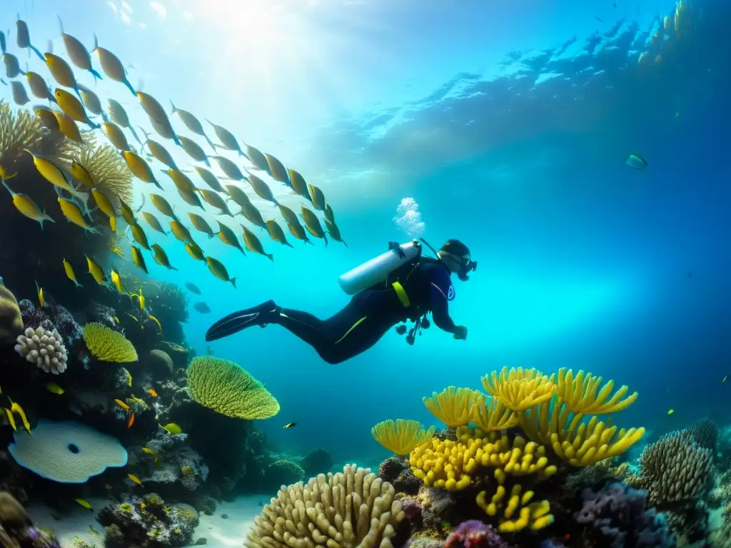 Un buceador explora un vibrante arrecife de coral, rodeado de peces y plantas marinas, vistiendo un traje de buceo con regulación térmica