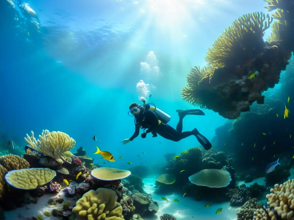 Un buceador explora un vibrante arrecife de coral, rodeado de peces coloridos