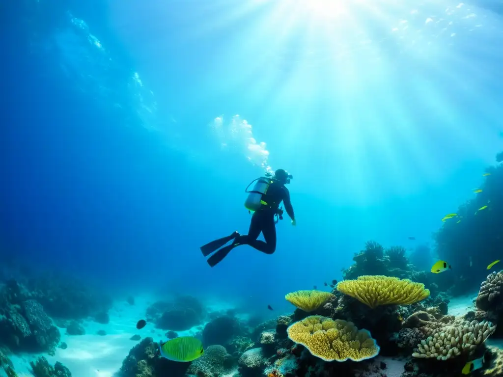 Buceador explorando un vibrante arrecife de coral, rodeado de vida marina y luz filtrada, transmitiendo tranquilidad y conexión con la naturaleza