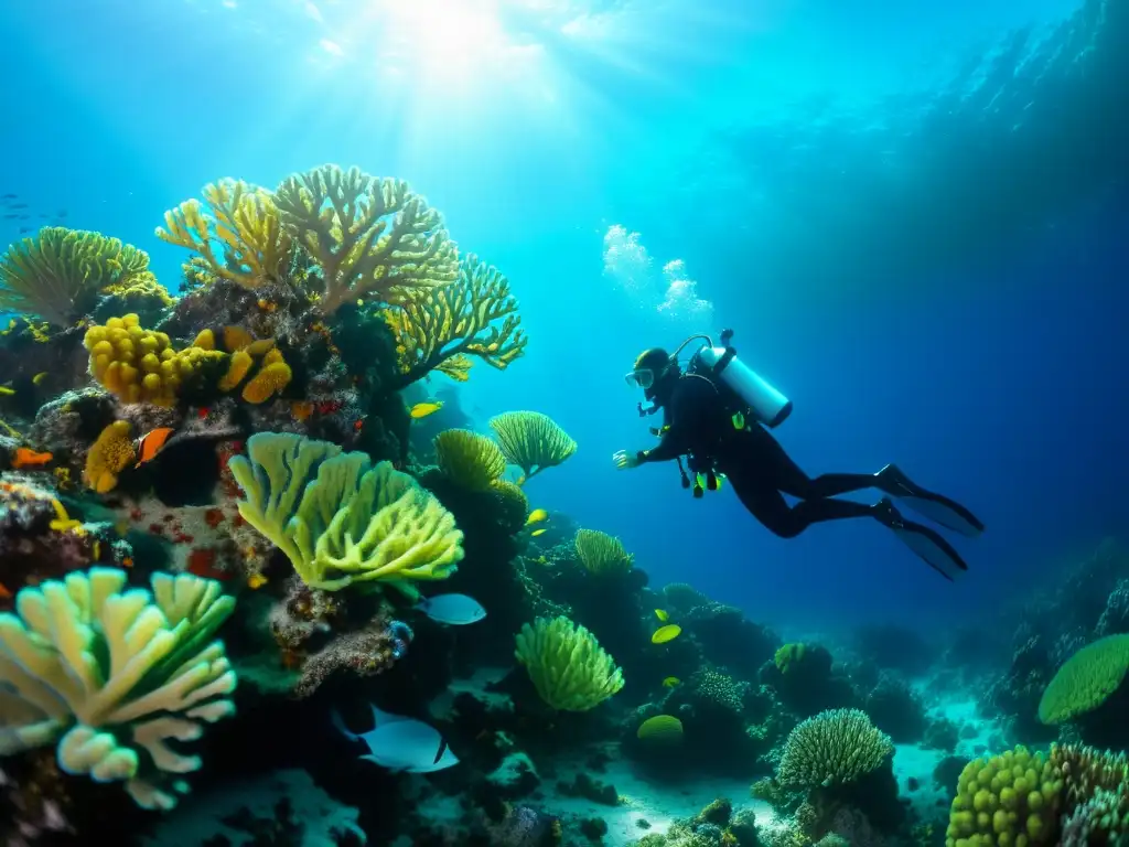 Un buceador explora un vibrante arrecife de coral con equipo de buceo GPS