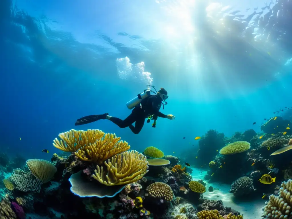 Un buceador explora un vibrante arrecife de coral, rodeado de vida marina