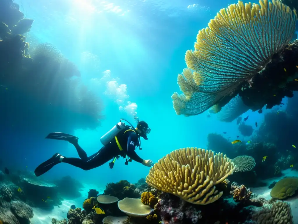 Un buceador explora un vibrante arrecife de coral, rodeado de peces tropicales y vida marina, capturando la belleza del buceo marino