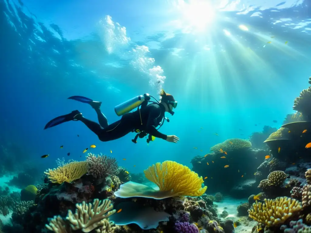 Un buceador se desliza elegantemente entre el vibrante arrecife de coral, rodeado de vida marina