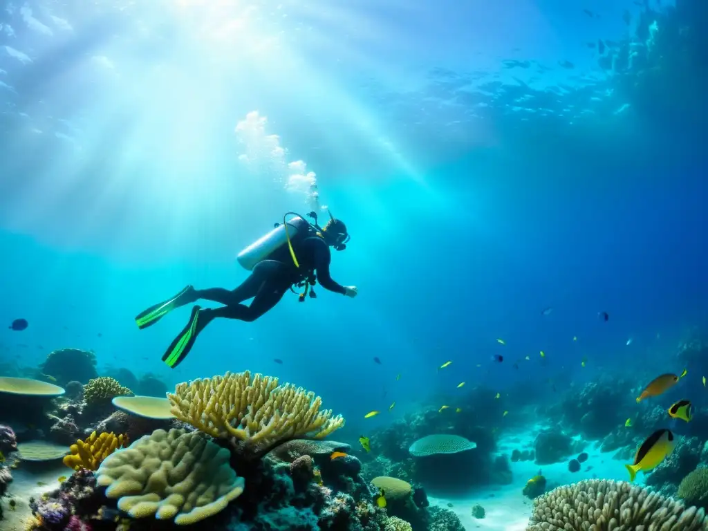 Un buceador explora un vibrante arrecife de coral, rodeado de peces tropicales