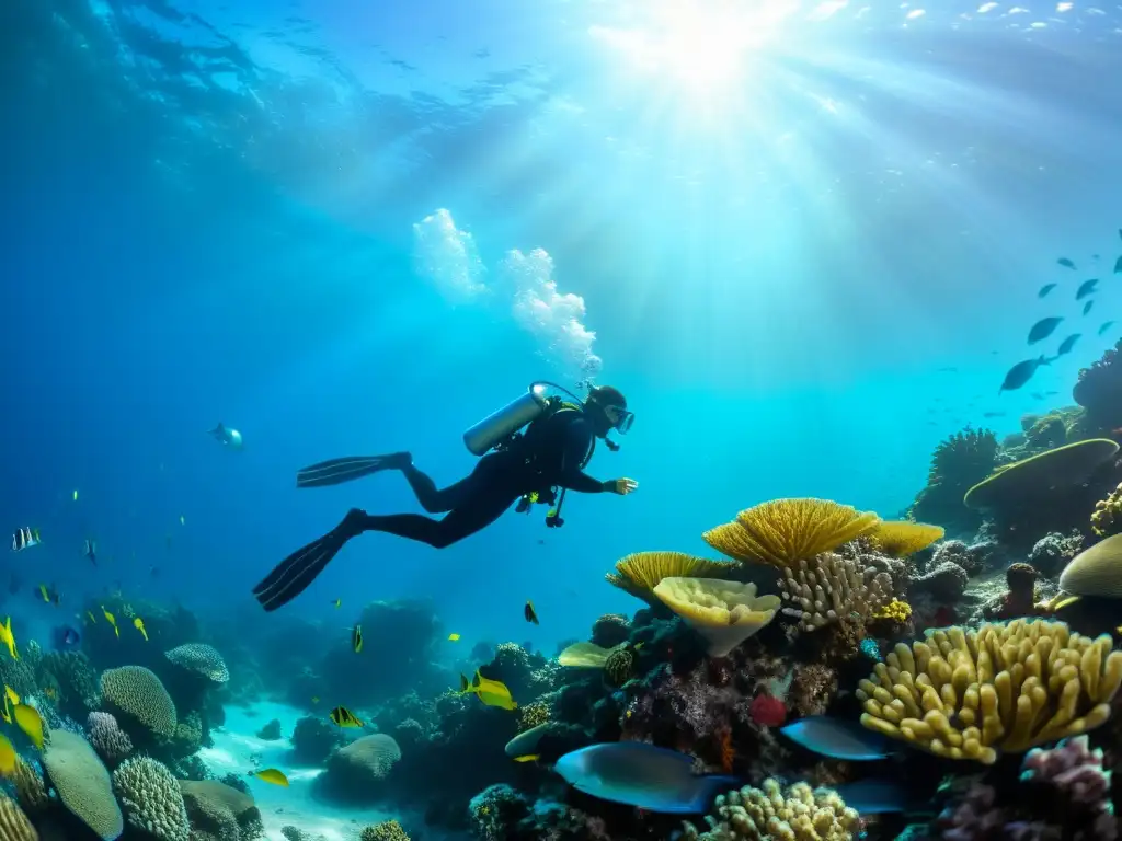 Un buceador explorando un vibrante arrecife de coral, rodeado de peces coloridos y vida marina