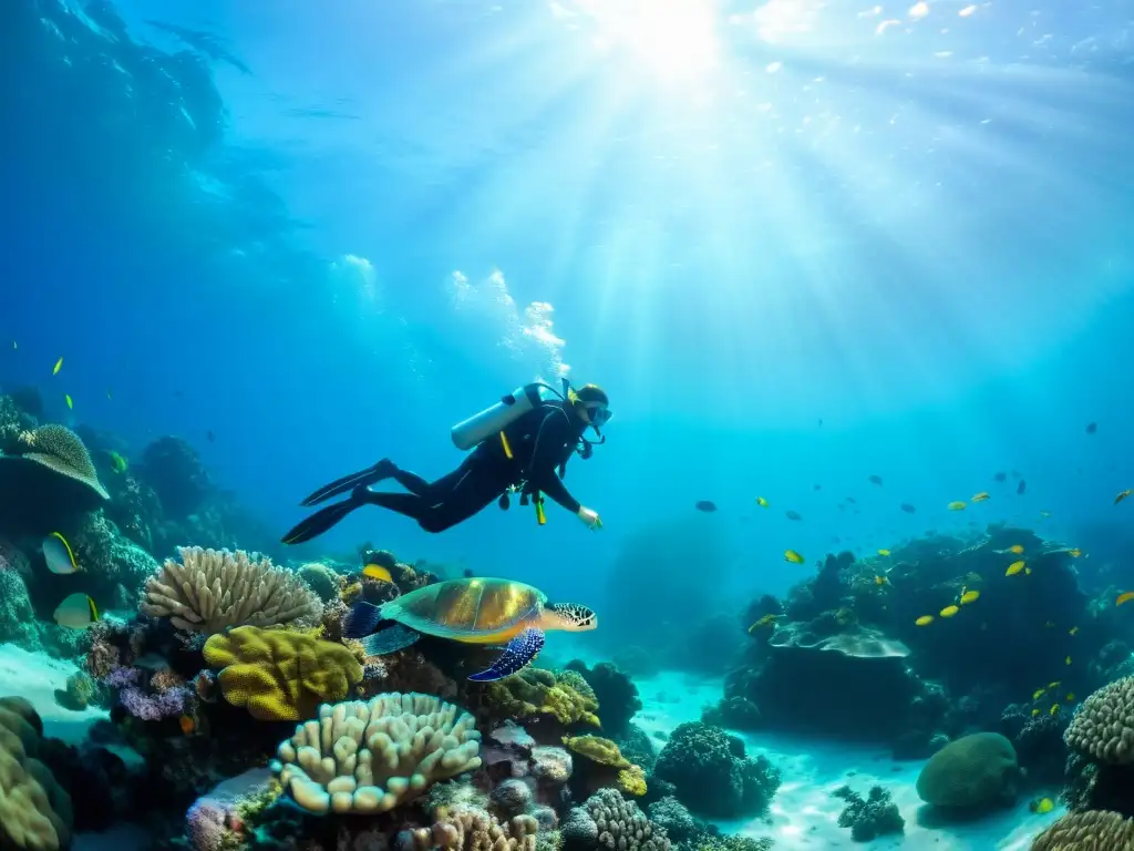 Un buceador explora un vibrante arrecife de coral, rodeado de vida marina